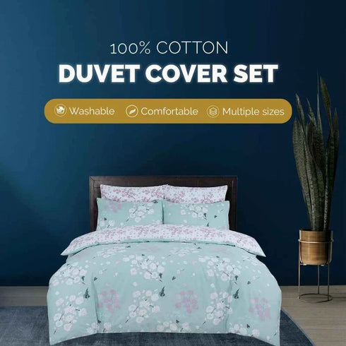 Printed Blossom Duvet Cover Set - 100% Pure Cotton - Duck Egg