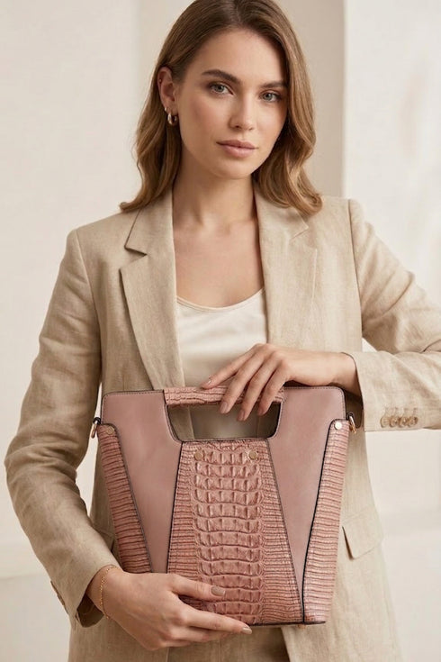 Faux Crocodile Rock N Roll V Handbag - Pink