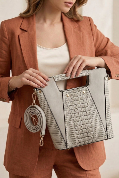 Faux Crocodile Rock N Roll V Handbag - Grey