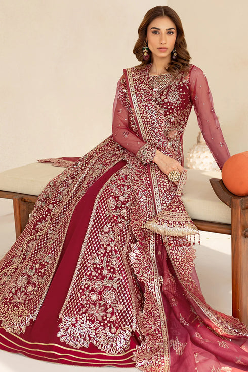 Farasha Embroidered Net Suit Carmine Allure