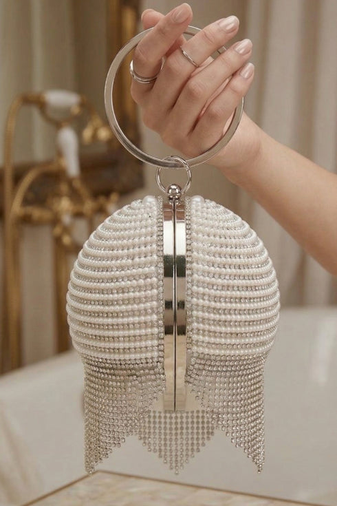 Womens Sparkling Crystal Fringed Ball Shape Party Bag