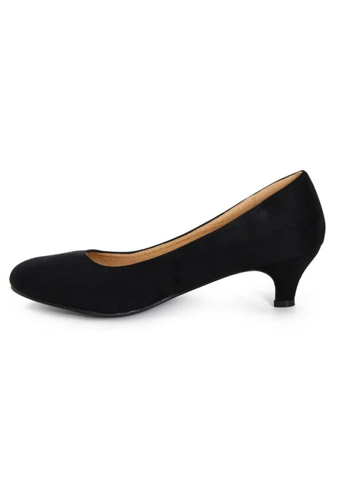 Women's Black Suede Low Kitten Heel Court Shoes Round Toe — G20