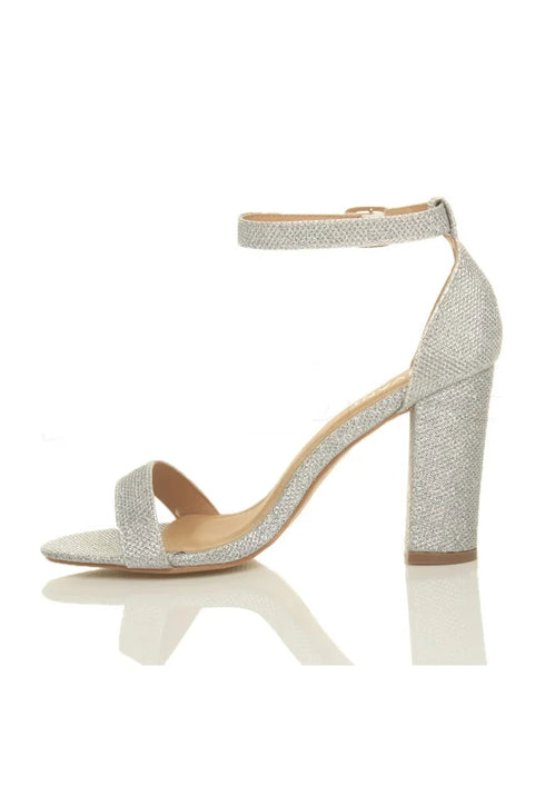Silver Block Heel Ankle Strap Sandals Peep Toe Buckle Glitter Mesh - G-1810