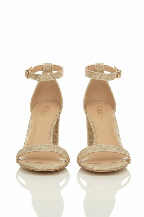 Women's Gold Block Heel Ankle Strap Sandals Peep Toe Buckle Glitter Mesh