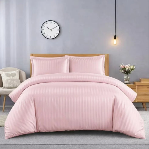 3 Piece Satin Stripe Duvet Cover Set with Pillowcases – Soft Breathable Hotel Style Bedding