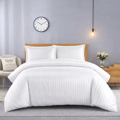 3 Piece Satin Stripe Duvet Cover Set with Pillowcases – Soft Breathable Hotel Style Bedding