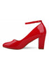 Red Patent Ankle Strap Block Heel Court Shoes Buckle Closure 1829