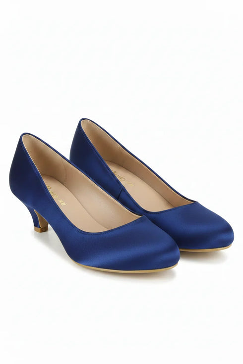 Women Round Toe Kitten Heel Shoes Navy Satin G-20