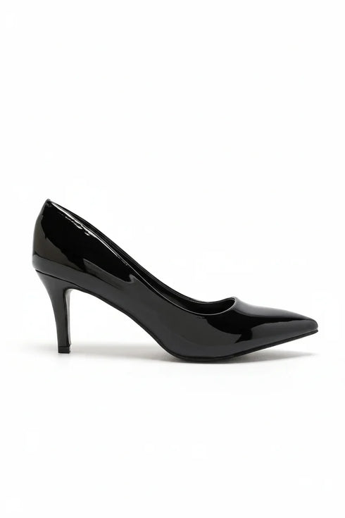 Womens Mid Heels Pointed Toe Party Court Shoes- Black Patent G-923-7