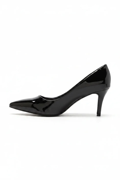 Womens Mid Heels Pointed Toe Party Court Shoes- Black Patent G-923-7