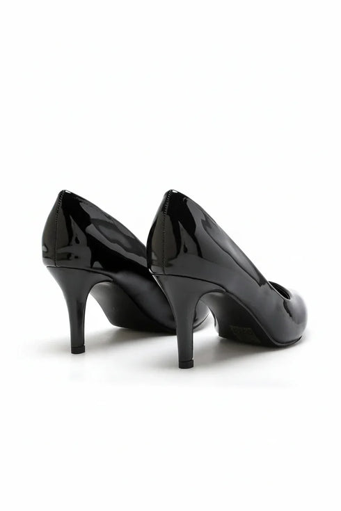 Womens Mid Heels Pointed Toe Party Court Shoes- Black Patent G-923-7