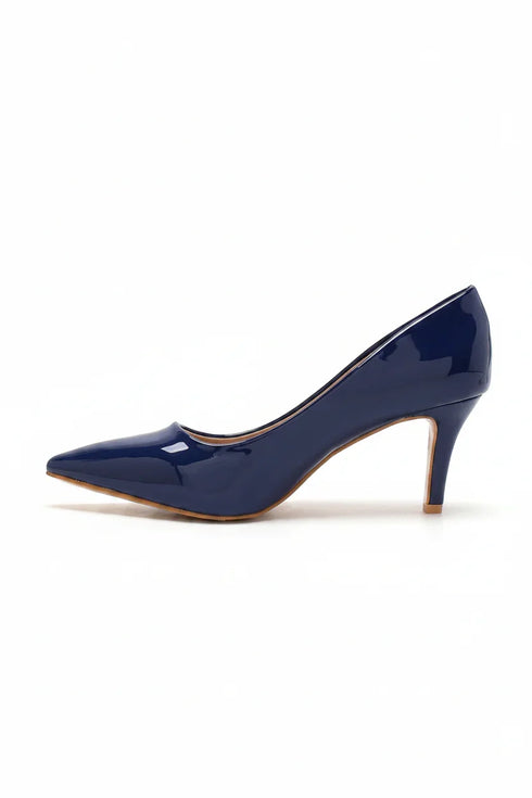 Womens Mid Heels Pointed Toe Party Court Shoes- Navy Patent G-923-6