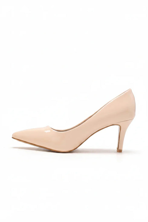 Womens Mid Heels Pointed Toe Party Court Shoes- Nude Patent G-923-4
