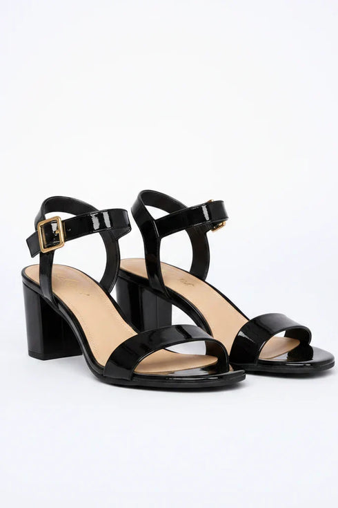 Women's Black Patent Ankle Strap Block Heel Sandals Open Toe Buckle 1840