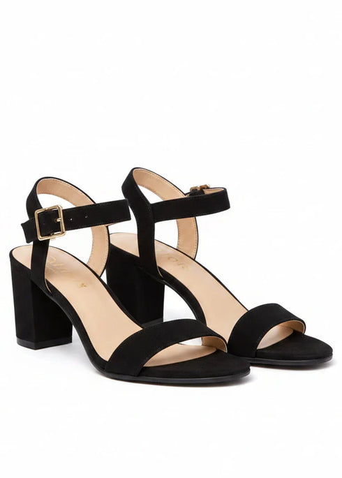 Women's Black Suede Ankle Strap Block Heel Sandals Open Toe Buckle 1840