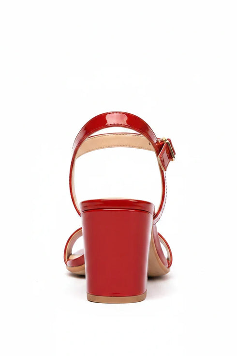 Women's Red Patent Ankle Strap Block Heel Sandals Buckle Round Toe G-1840