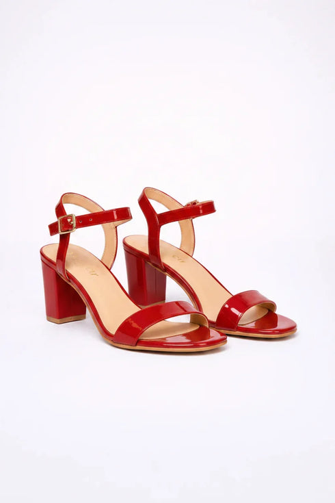 Women's Red Patent Ankle Strap Block Heel Sandals Buckle Round Toe G-1840