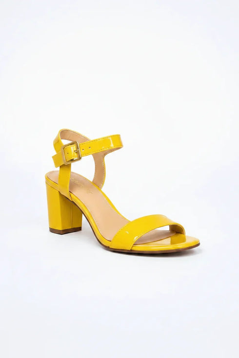 Women's Yellow Patent Ankle Strap Block Heel Sandals Buckle Round Toe 1840