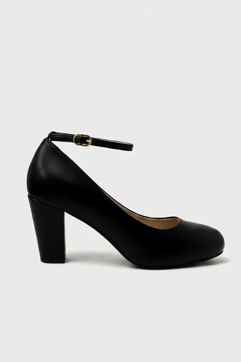 Women's Black Matte Ankle Strap Block Heel Court Shoes Round Toe 1829