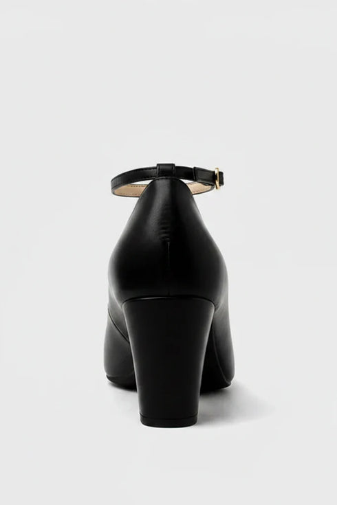 Women's Black Matte Ankle Strap Block Heel Court Shoes Round Toe 1829