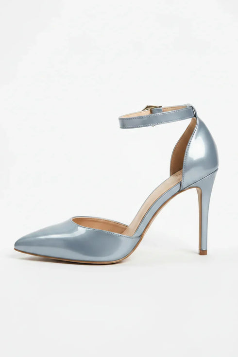 Women's Silver Patent Ankle Strap Stiletto Court Shoes Pointed Toe 221