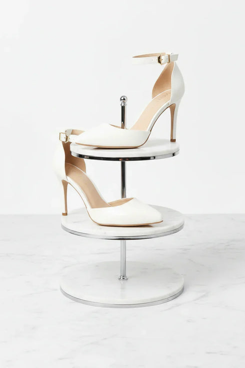 Women's White Matte Ankle Strap Stiletto Court Shoes Pointed Toe 221