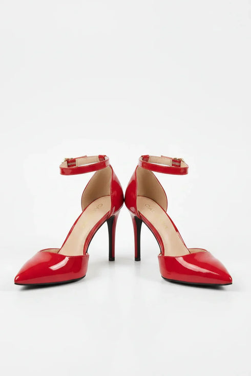 Women's Red Patent Ankle Strap Stiletto Court Shoes Pointed Toe 221