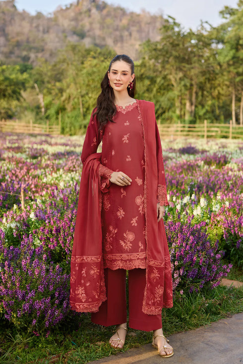 Farasha Embroidered Lawn 3 Piece Suit Red Whisper