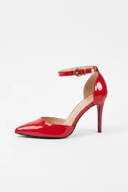 Women's Red Patent Ankle Strap Stiletto Court Shoes Pointed Toe 221