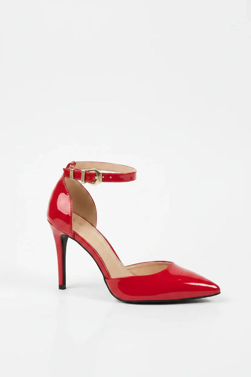 Women's Red Patent Ankle Strap Stiletto Court Shoes Pointed Toe 221