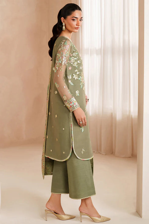 Farasha Embroidered Chiffon Suit Olive Dazzle