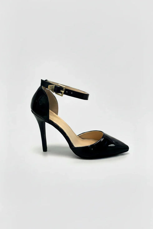 Women's Black Matte Ankle Strap Stiletto Court Shoes Pointed Toe 221