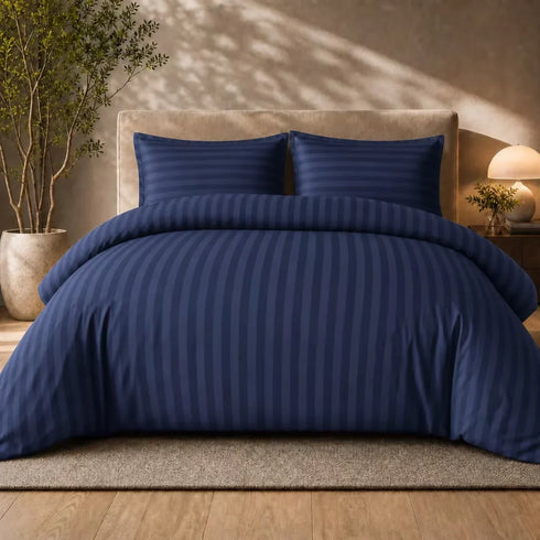 Luxury 4pc Satin Stripe Duvet Cover Set with Fitted Sheet – Soft Hotel Quality Bedding