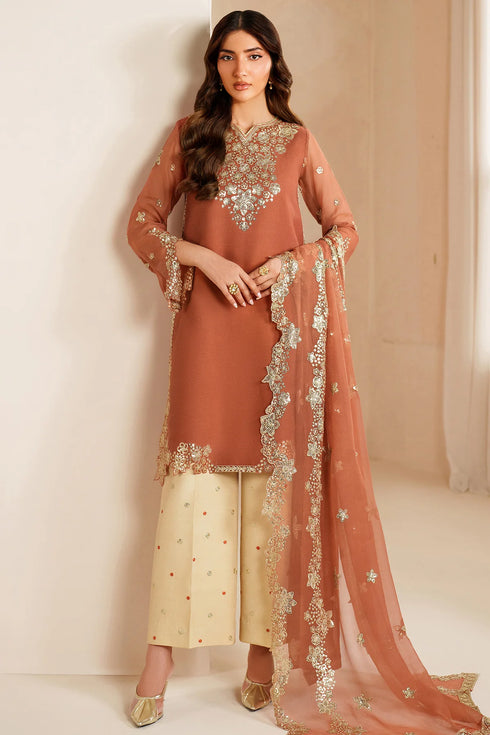 Farasha Embroidered Chiffon Suit Warm Saffron