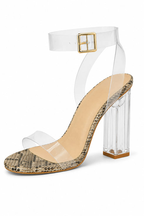 Women's Snake Print Clear Strap Block Perspex High Heel Sandals-BS-71