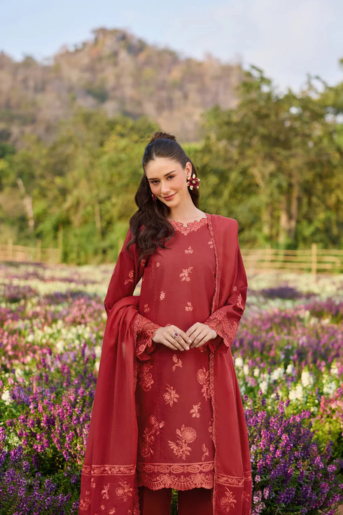 Farasha Embroidered Lawn 3 Piece Suit Red Whisper