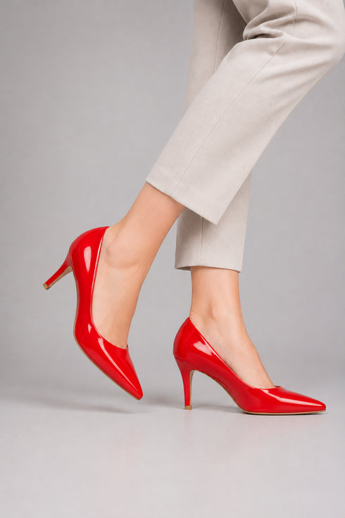 Mid Heels Pointed Toe Party Court Shoes- Red Patent G-923-5