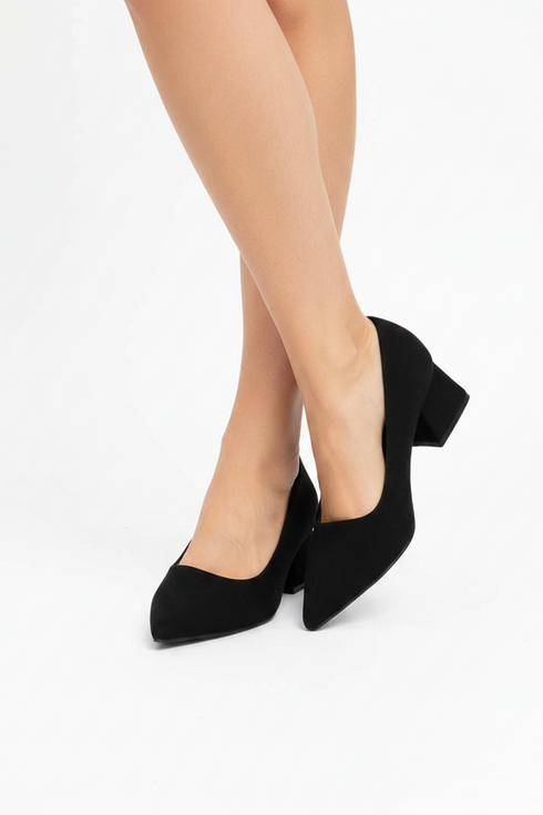 Women's Black Block Heel Court Shoes G-225-3