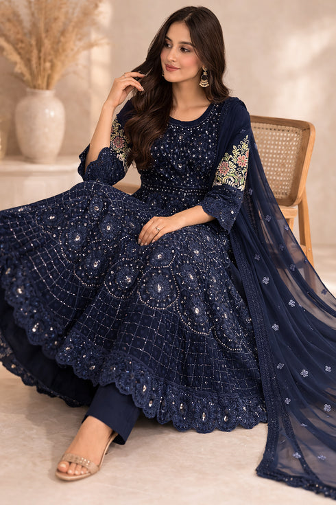 Baba Posh Navy Blue Embroidered Chiffon Maxi Suit with Sequins & Stone Work BP-01