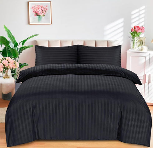 Bedding Set Brushed Microfiber Satin Stripes Easy Care Duvet Cover with Pillowcases - Black