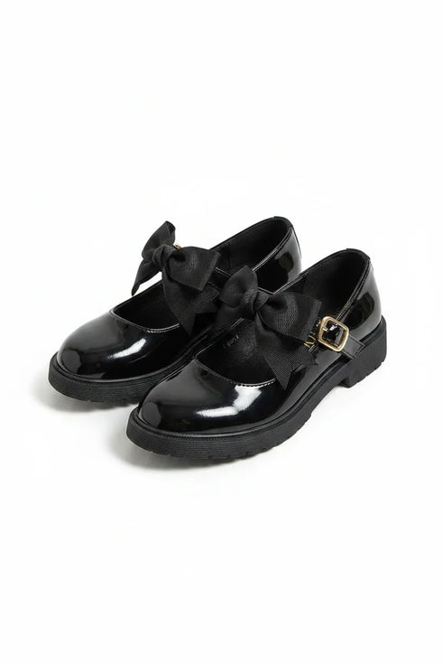 Girls Mary Jane School Shoes with Bow On Strap- Black Patent BET-78
