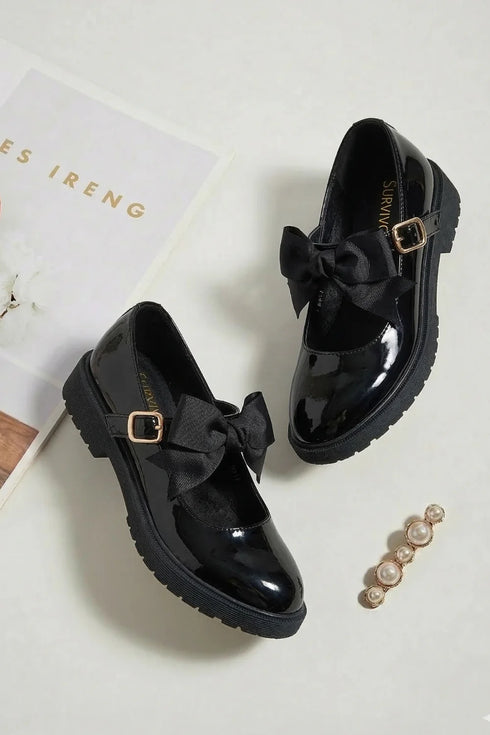 Girls Mary Jane School Shoes with Bow On Strap- Black Patent