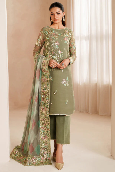 Farasha Embroidered Chiffon Suit Olive Dazzle