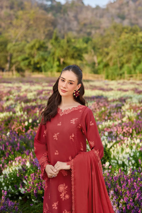 Farasha Embroidered Lawn 3 Piece Suit Red Whisper
