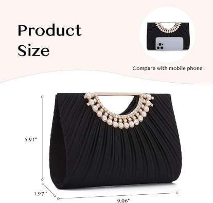 OPLERT Women’s Black Pleated Satin Evening Clutch Bag with Pearl Handle and Chain Strap