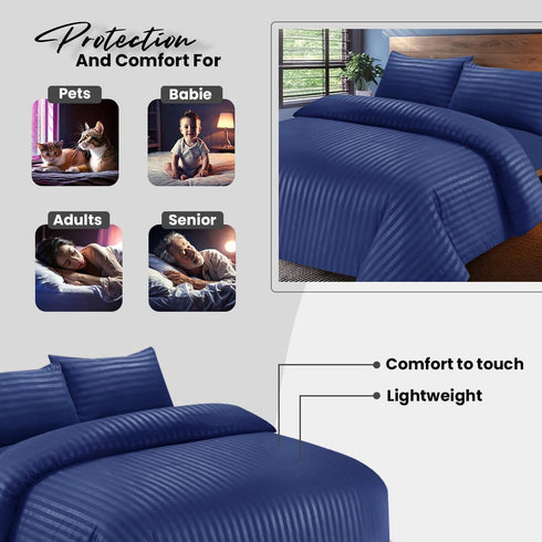 Bedding Set Brushed Microfiber Satin Stripes Easy Care Duvet Cover with Pillowcases - Navy Blue