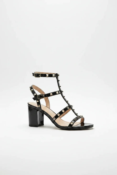 Women's Black Patent Gladiator Block Heel Sandals Multi Strap Open Toe BS-7