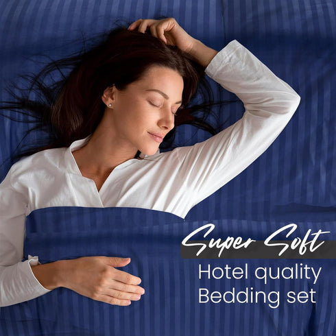 Bedding Set Brushed Microfiber Satin Stripes Easy Care Duvet Cover with Pillowcases - Navy Blue