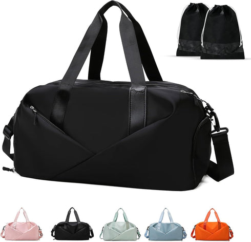 Black GLGHMH Large Gym Bag with Shoe Compartment & Wet Pocket – Lightweight Sports Travel Holdall with 2 Shoe Bags