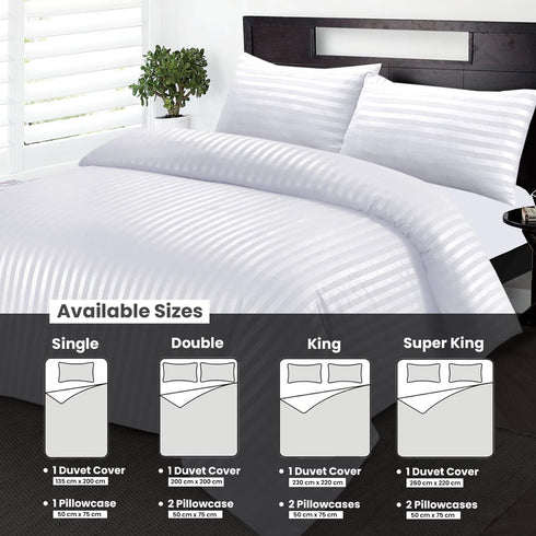Bedding Set Brushed Microfiber Satin Stripes Easy Care Duvet Cover with Pillowcases - White